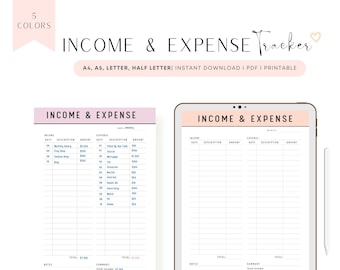 Fillable Income and Expense Tracker on One Page, Income and Expense Tracker Template Printable, A4, A5, Letter, Half Letter, 5 colors, PDF