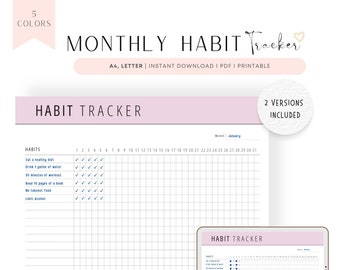 Monthly Habit Tracker PRINTABLE: A4, Letter, 5 Colors, FILLABLE PDF (Digital Download)