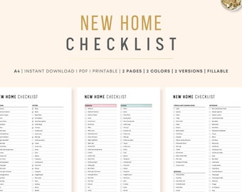Könnte beinhalten: Eine druckbare "Checkliste für das neue Zuhause" in minimalistischem Design. Die Checkliste ist in Abschnitte für Küche, Schlafzimmer und Badezimmer unterteilt, mit Kontrollkästchen für jeden Artikel. Der Text ist in einer modernen Schriftart gehalten, der Titel in Gold.