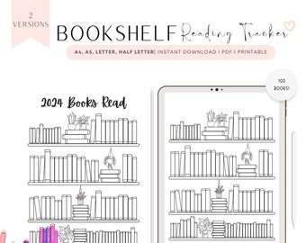 2024 Bookshelf Reading Tracker Printable, 100 Bookshelf Reading Log, PDF, A4, A5, Letter, Half Letter, Dated and Undated