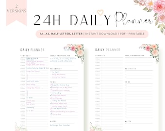 Floral 24 Hour Daily Planner Printable, A4, A5, Letter, Half Letter, PDF