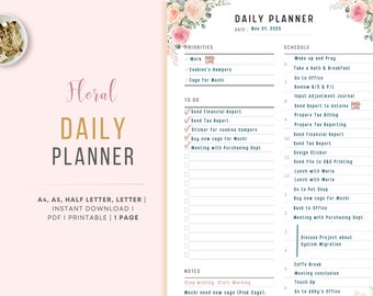 Floral Daily Planner Printable, Half Hour Schedule, Daily Productivity Planner, PDF, A4, Letter, Half Letter, A5