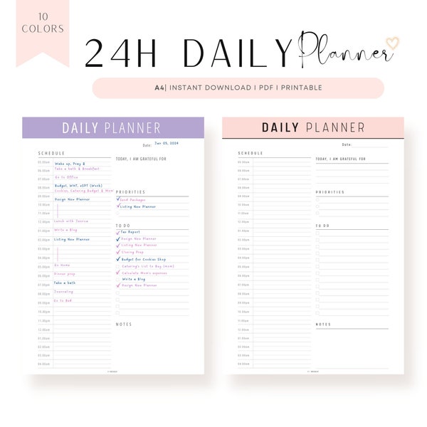 24 Hour Daily Schedule Template, Daily Planner Printable, 10 colors, A4, PDF