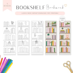 Könnte beinhalten: Fünf druckbare Lesezeichen-Designs mit einem Bücherregal mit verschiedenen Dekorationselementen, darunter Bücher, Pflanzen und ein Teddybär. Die Lesezeichen sind 6,5 cm x 18 cm groß und mit "50 Bücher pro Stück" beschriftet.
