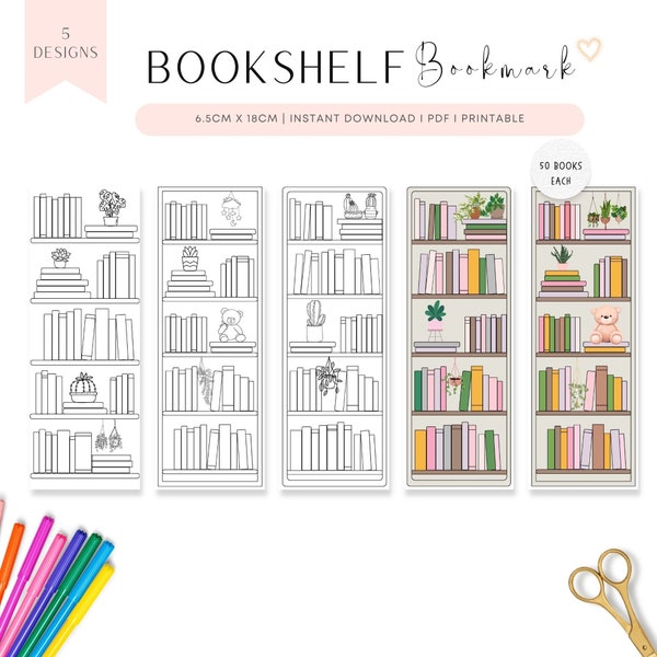 Printable Bookshelf Bookmarks, Reading Tracker, Reading List Template, Coloring Bookmark, Bookshelf Template, 50 Books Bookshelf Bookmark