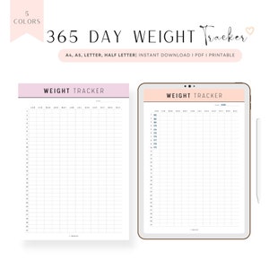 Registro de peso de 365 días imprimible, diario rellenable, registro de pérdida de peso, 5 colores, A4, A5, carta, media carta, PDF