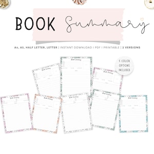 Resumen de libro rellenable para imprimir, diario de lectura, hoja de resumen de lectura, planificador de lectura, A4, A5, carta, media carta, 5 colores, 2 versiones