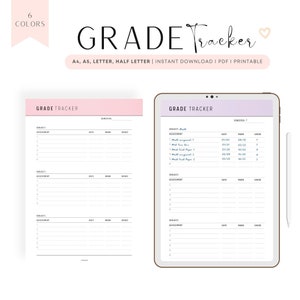 May include: Printable grade tracker with a pink and white color scheme. The tracker has sections for subject, assignment, date, mark, and grade. The text "GRADE TRACKER" is at the top of the page.