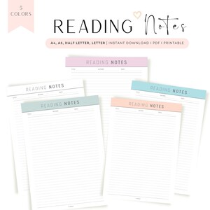 Modello di note di lettura compilabili stampabili, pagine di note di lettura, PDF, A4, lettera, mezza lettera, A5, 5 colori