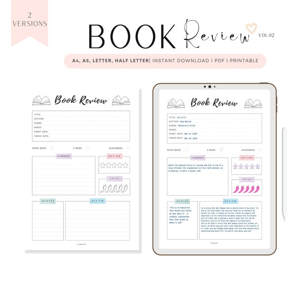 Book Review Template Printable, Book Review Journal, Book Review Page, 2 Versions, A4, A5, Letter, Half Letter, PDF