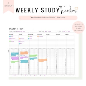 Weekly Study Planner Template, Study Tracker Printable, Weekly Schedule, Study Schedule, Weekly Study Page, PDF, A4, A5, Letter, Half Letter