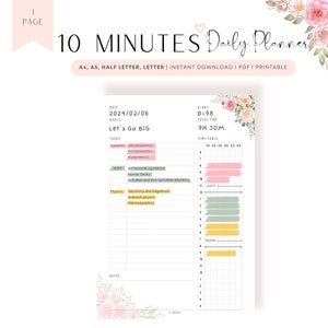 Floraler 10-Minuten-Tagesplaner zum Ausdrucken, Tagesplaner, 10-Minuten-Planer, 10-Minuten-Tagesplan, A4, A5, Letter, Half Letter, Pdf