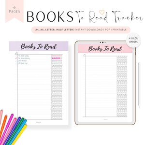 Liste de livres à lire, imprimable, journal de lecture, journal de suivi des livres, liste de livres à lire, PDF, 6 couleurs, A4, A5, lettre, demi-lettre