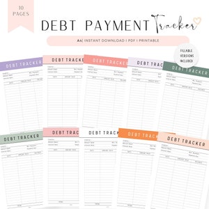 Plantilla de seguimiento de pago de deudas rellenable e imprimible, seguimiento de pago de deudas, seguimiento de tarjetas de crédito, pago de Klarna, seguimiento de préstamos, A4, 10 colores