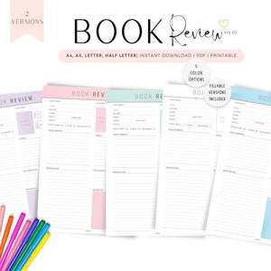 Plantilla de reseña de libro imprimible, diario rellenable, página de reseña de libro, 2 versiones, 5 colores, A4, A5, carta, media carta, PDF