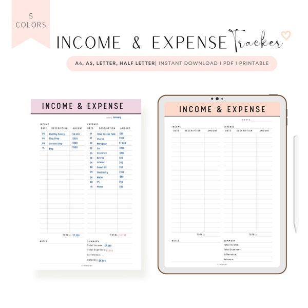 Income and Expense Tracker on One Page, Income and Expense Tracker Template Printable, A4, A5, Letter, Half Letter, PDF, 5 colors