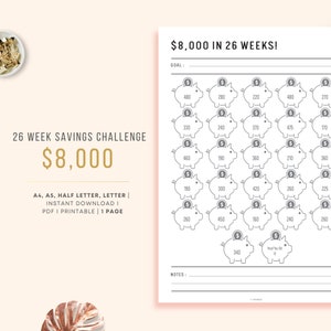 8000 Savings Challenge in 26 Weeks, Saving 8000 in 6 months for retirement, 26 weeks money savings challenge, 26 Weeks Savings Tracker, PDF