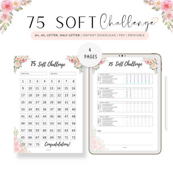 Floral 75 Soft Challenge Tracker Printable, 4 Pages, PDF, A4, A5, Letter, Half Letter