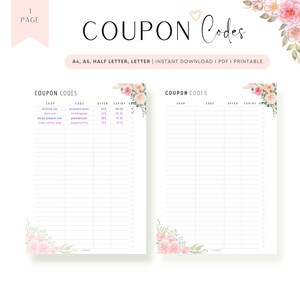 Blumen Gutschein Code Tracker zum Ausdrucken, ausfüllbar, Gutscheincodes Seiten, Gutscheincodes Vorlage, Einkaufsliste, A4, A5, Half Letter, Letter, PDF