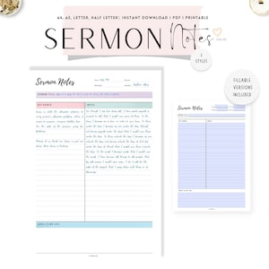 Diario de notas de sermones rellenable e imprimible, notas de sermones personales, plantilla de notas de sermones de la iglesia, 2 estilos, PDF, A4, A5, carta, media carta
