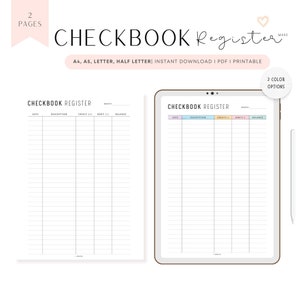 Registro de chequera imprimible, registro de transacciones de cheques, registro de chequera, 2 colores, A4, A5, carta, media carta, registro de ahorros rellenable