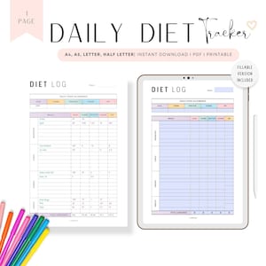 FILLABLE Diet Log PRINTABLE, Diet Journal Template, Calorie Counter Log, Food Planner, Calorie Tracker, Diet Tracker, A4/A5/Letter/HL