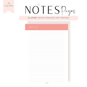 Modelo de página de notas para impressão, notas preenchíveis, nota diária, página de caderno, papel para anotações, página de notas em branco, PDF, A4, carta, 10 cores