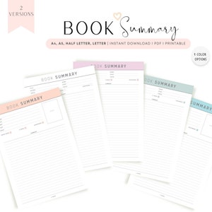 Resumen de libro rellenable e imprimible, plantilla de resumen de lectura, diario de lectura, página de lectura, 5 colores, 2 versiones, A4, A5, carta, media carta