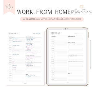 Ausfüllbarer Work from Home Planer Printable, Tagesplaner, Persönlicher Tagesplaner, Halbstundenplaner, A4, A5, Letter, Half Letter, 7 Seiten