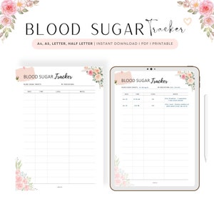 Druckbare Blutzucker-Tracker, Glukose-Tracker-Seite, tägliches Diabetes-Journal, PDF, A4, A5, Letter, Half Letter