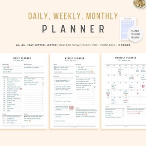 Paquete de planificador imprimible, planificador diario, semanal y mensual, inicio en domingo y lunes, A4, A5, carta, media carta