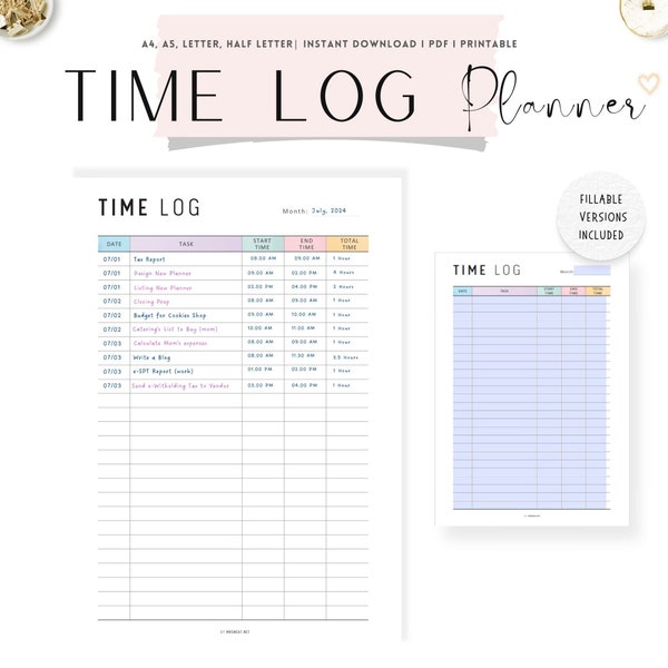 Time Management Planner Printable, Time Log Template, Monthly Time Log, PDF, Colorful Page, A4, A5, Letter, Half Letter