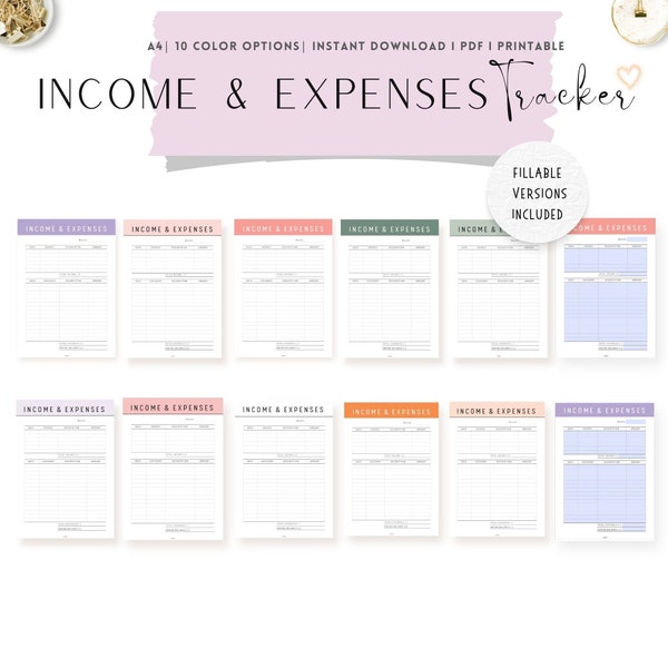 Income and Expense Tracker Template Printable, Einnahmen und Ausgaben auf einer Seite, PDF, A4, 10 Farben