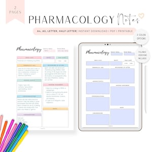 Modèle de notes de pharmacologie imprimable, modèle de carte de médicament à remplir, notes de médicaments pour soins infirmiers, PDF, 2 couleurs, A4, A5, lettre, demi-lettre