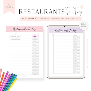 Fillable Restaurants To Try List Template, Restaurants Review Printable, Restaurants Journal, PDF, 6 colors, A4, A5, Letter, Half Letter