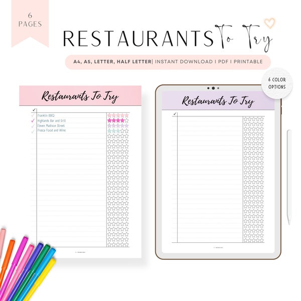 Restaurants To Try List Template, Restaurants Review Printable, Restaurants Journal, PDF, 6 colors, A4, A5, Letter, Half Letter