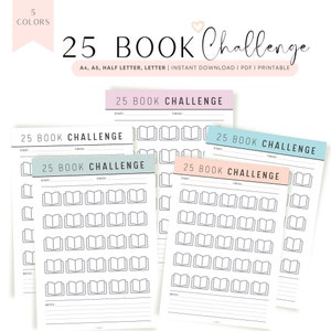 25 Book Challenge stampabile, modello di sfida di lettura, PDF, A4, A5, lettera, mezza lettera