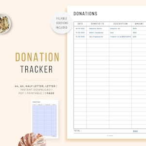 FILLABLE Donation Tracker PRINTABLE, Charity Donation Tracker, Charity Donation Receipt, Donation Log, PDF, A4, A5, Letter, Half Letter