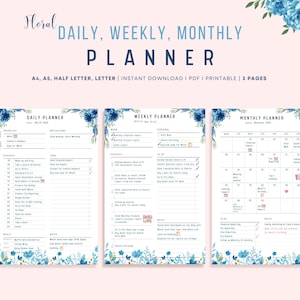 Planificador imprimible diario, semanal y mensual rellenable, página diaria, semanal y mensual, planificador floral imprimible, tamaño A4/A5/carta/media carta, PDF