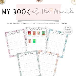 Plantilla de libro del mes, registro de lectura imprimible, diario de lectura, registro de lectura mensual, A4, A5, carta, media carta, 5 colores