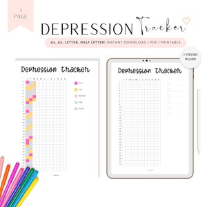 Registro de depresión de un año (IMPRIMIBLE), diario de depresión, registro de enfermedades, A4, A5, carta, media carta, 2 versiones