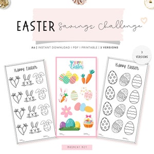 May include: Printable Easter savings challenge with three different versions. The first version features a bunny, carrots, and eggs. The second version features a bunny, carrots, eggs, and a basket of eggs. The third version features a set of eggs with different patterns.