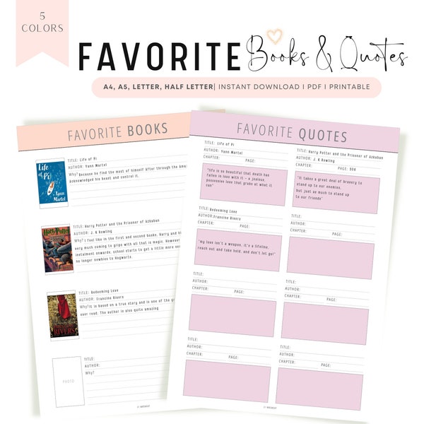 Favorite Books Template, Favorite Quotes Template Printable, A4, Letter, Half Letter, A5, pdf