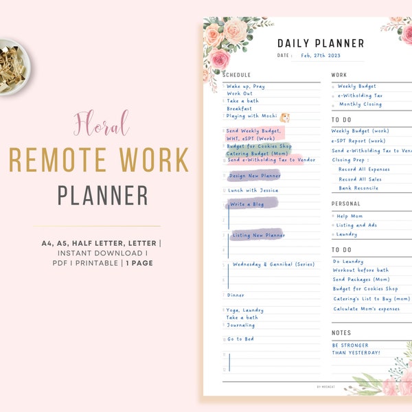 Work From Home Planner, Daily To Do List Prinrable, Productive Planner, Remote Work Template, A4, A5, Letter, Half Letter, PDF