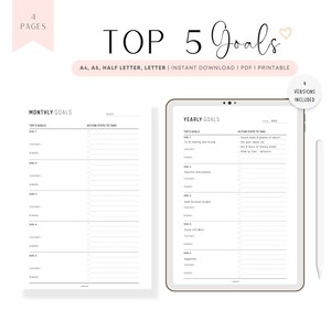 5 objetivos anuales rellenables e imprimibles, planificador de los 5 objetivos, objetivos trimestrales, objetivos mensuales, 5 objetivos semanales, tamaño A4, A5, carta, media carta