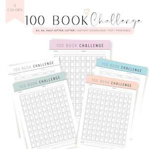 100 Book Challenge PRINTABLE, Reading Challenge, Fillable Reading Tracker, Reading Journal, 2 Pages, 5 Colors, A4, A5, Letter, Half Letter