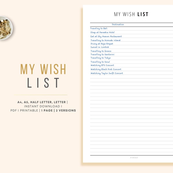 Wish List Planner, Shopping List, Shopping Tracker, To buy list, Bucket List Planner, Manifestation check,  A4, A5, Letter, Half Letter, PDF