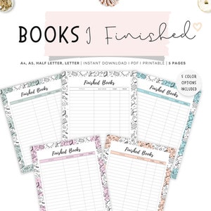 May include: Five printable book tracker pages with a whimsical doodle border. Each page has a title, author, start date, and finish date column. The pages are available in five colours: blue, green, pink, peach, and light blue.