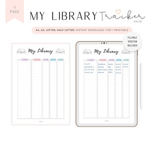 May include: A printable library tracker with a black and white book icon and the text "My Library" in black. The tracker has columns for title, author, lent to, lent on, and returned.
