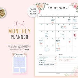 Planificador mensual floral imprimible, resumen del mes, planificador mensual sin fecha, agenda mensual, PDF rellenable, A4, A5, carta, media carta